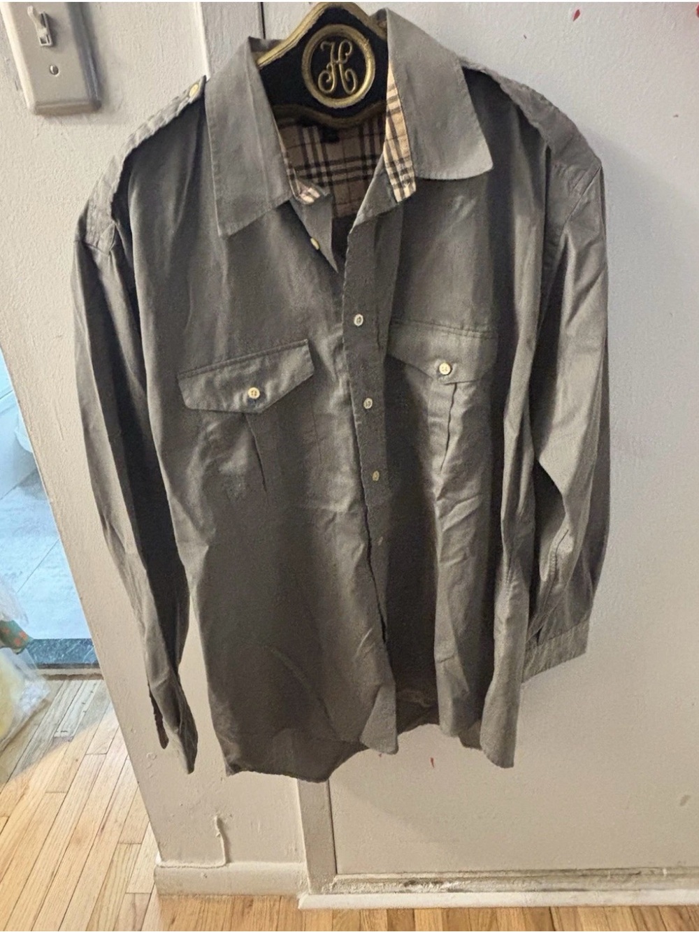 Burberry Khaki Button-Up Shirt with Signature Plaid Trim
